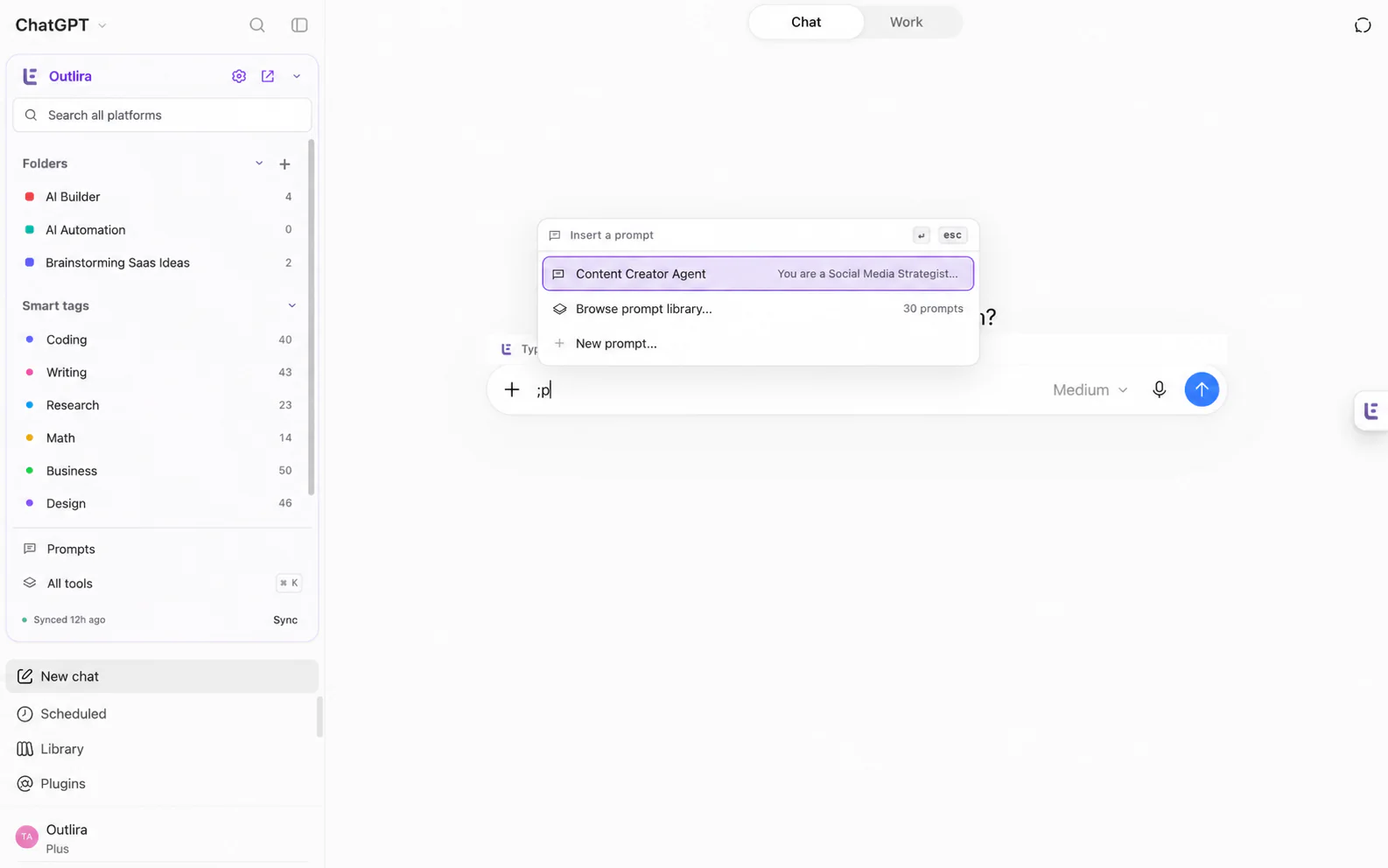 Insert a saved Content Creator Agent prompt directly into your AI message box.