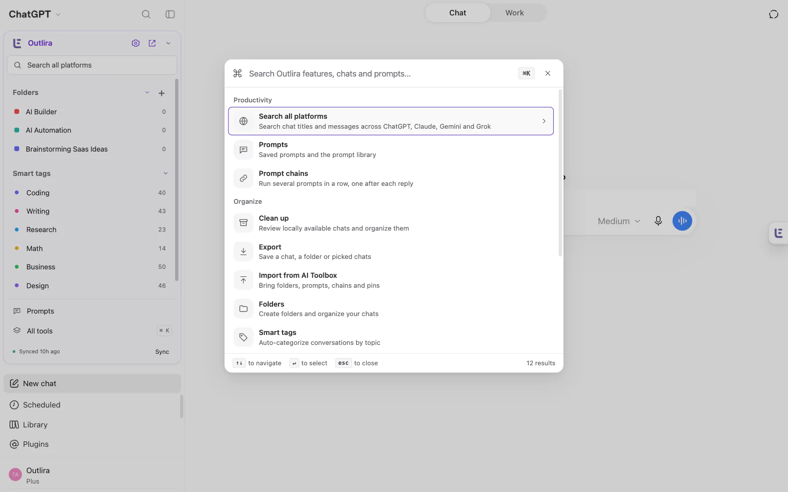 Outlira command palette inside ChatGPT, with search, prompts, chains, folders and smart tags.