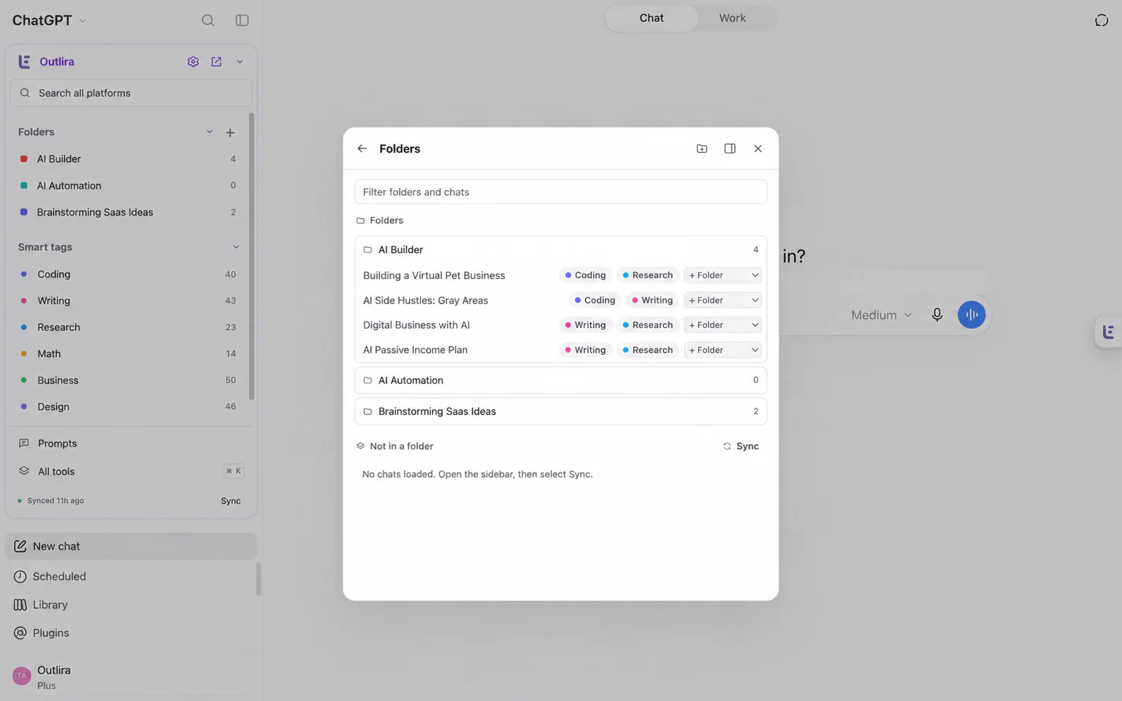 Organized AI Builder folder with English chat titles and smart tags.